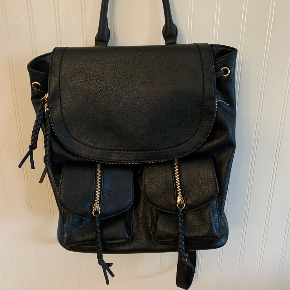 Black Faux Leather Backpack